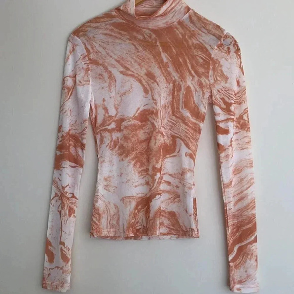 HYFVE Long Sleeve Sheer Turtleneck. Peach & White Marbleized Print Size S - Picture 8 of 10
